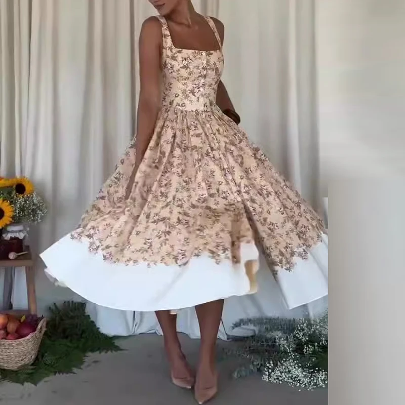 Ženy elegantný štvorcový krk s vysokým pásom dlhé šaty módne šaty Pleated šaty majer nové letné kvetinové tlače podväzky šaty