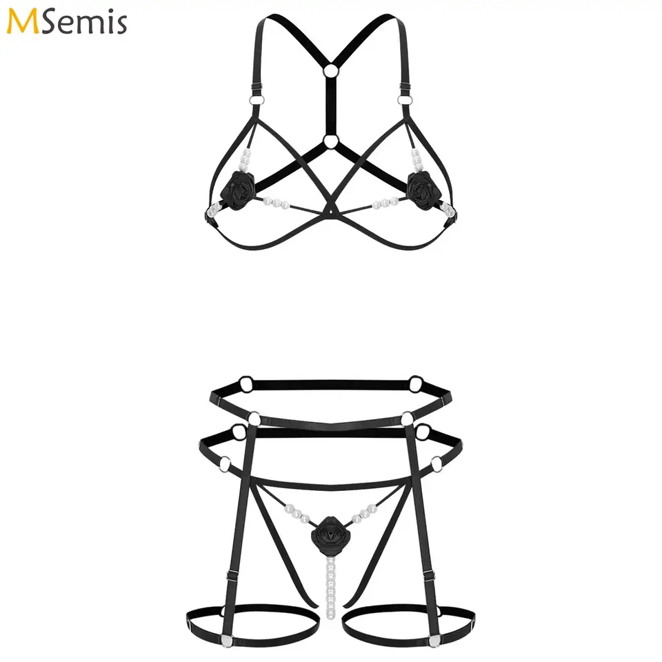 Ženy erotické spodné prádlo Sexy výrezy bikín spodná bielizeň sada 3d ružové kvetiny korálky podprsenka