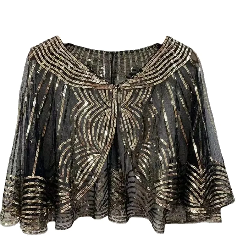 Ženy Evening Bráol Cape 20. roky Gatsby Premium Sequin Vyšívaný šál s abstraktným kvetinovým dizajnom a Svadobné kaplet