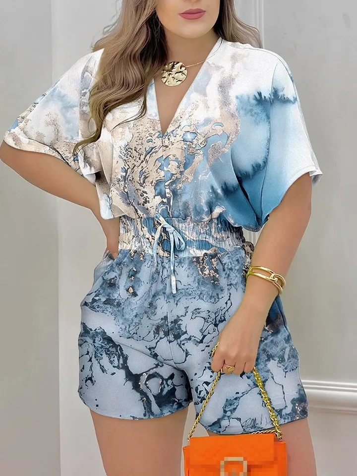 Ženy Fashion BodySuit Summer Elegantné atramentové tlače Príležitostné v krku s krátkym rukávom voľný pás sťahovaný pásikový výhry