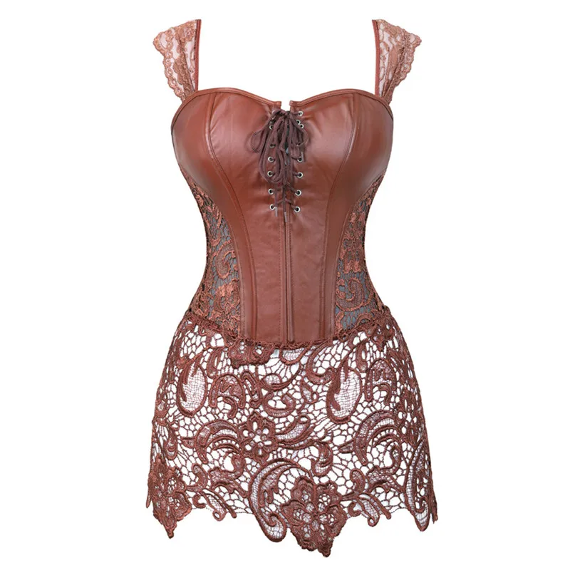 Ženy faux koža a čipka burlesque parné korzetové šaty z pásu gotický bustier corpet sexy spodná bielizeň plus veľkosť čiernej hnedej červenej farby