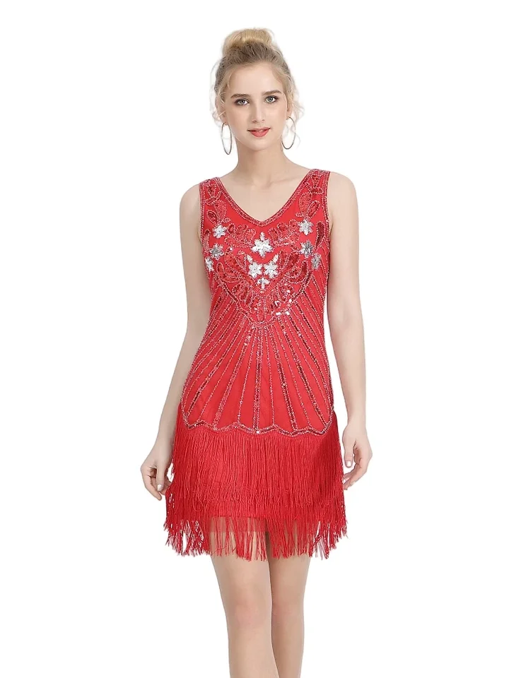 Ženy flapper šaty 1920s v krk farebné korálkové okrajové šaty skvelé šaty Gatsby Roaring 20s Speakeasy Party kostým