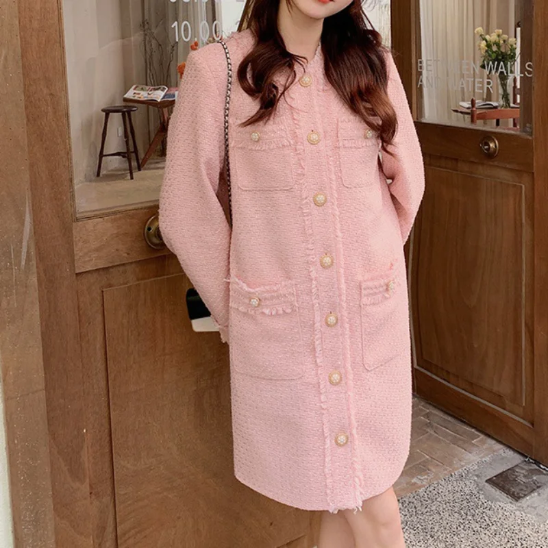 Ženy francúzsky okrúhly krk ružové ružové rukávy Tassel Tweed Simple Loose Casual Chic Kórea Mini vône šaty jesenná zima 1761