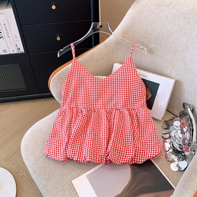 Ženy francúzsky štýl retro kockované camisole top je červené sladké sladké roztomilé tank Top leto letné kórejské voľné tričko Čierna žena