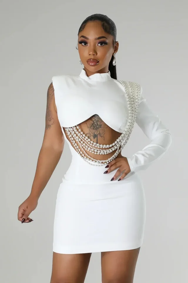 Ženy Full Ruckve Elegantné mini šaty O-Neck 2025 Summer Pearl String Sexy Street Night Club párty Vestidos šaty