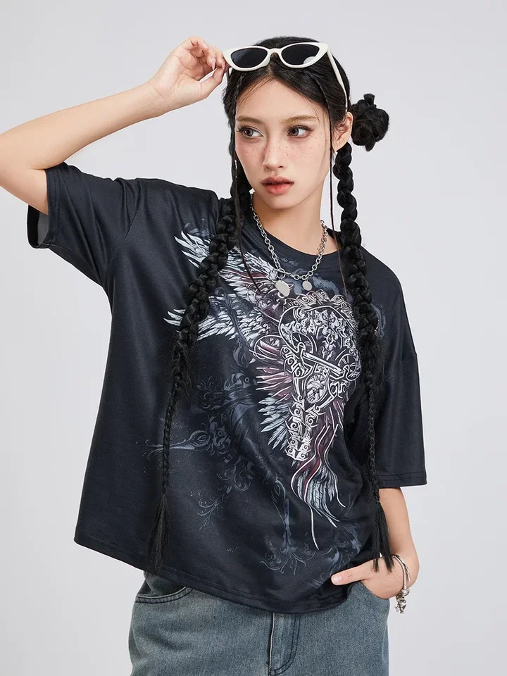 Ženy gotické krídla tlač Tričko Tričko posádka krk s krátkym rukávom Príležitostné voľné vrcholy letné nadmerné odpaliská vintage grunge streetwear