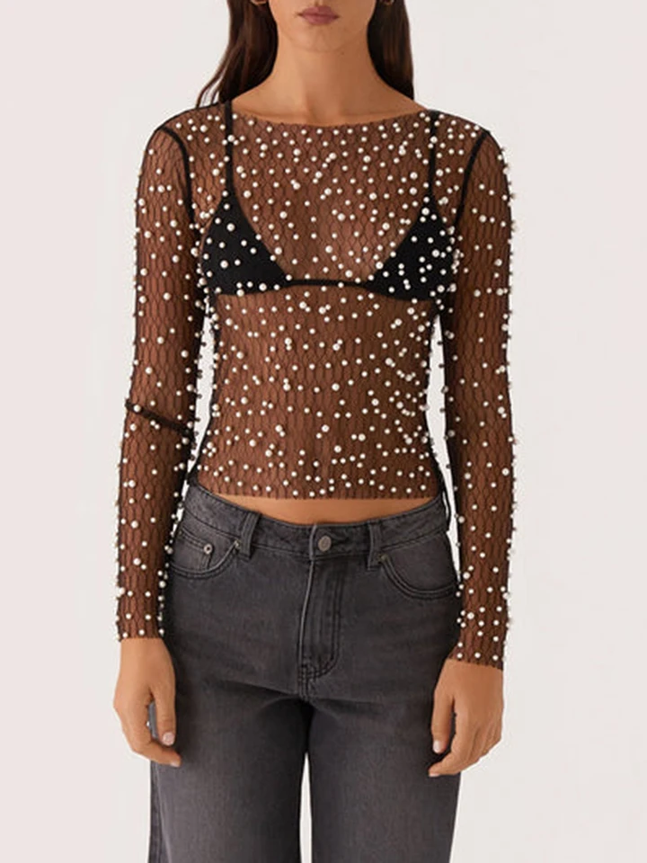 Ženy gotické sexy sieťoviny Pozrite sa cez tričko Pearl Fishnet Hollow Out Top Top s dlhým rukávom pláž pláž zakrývanie Party Club Tees Tops