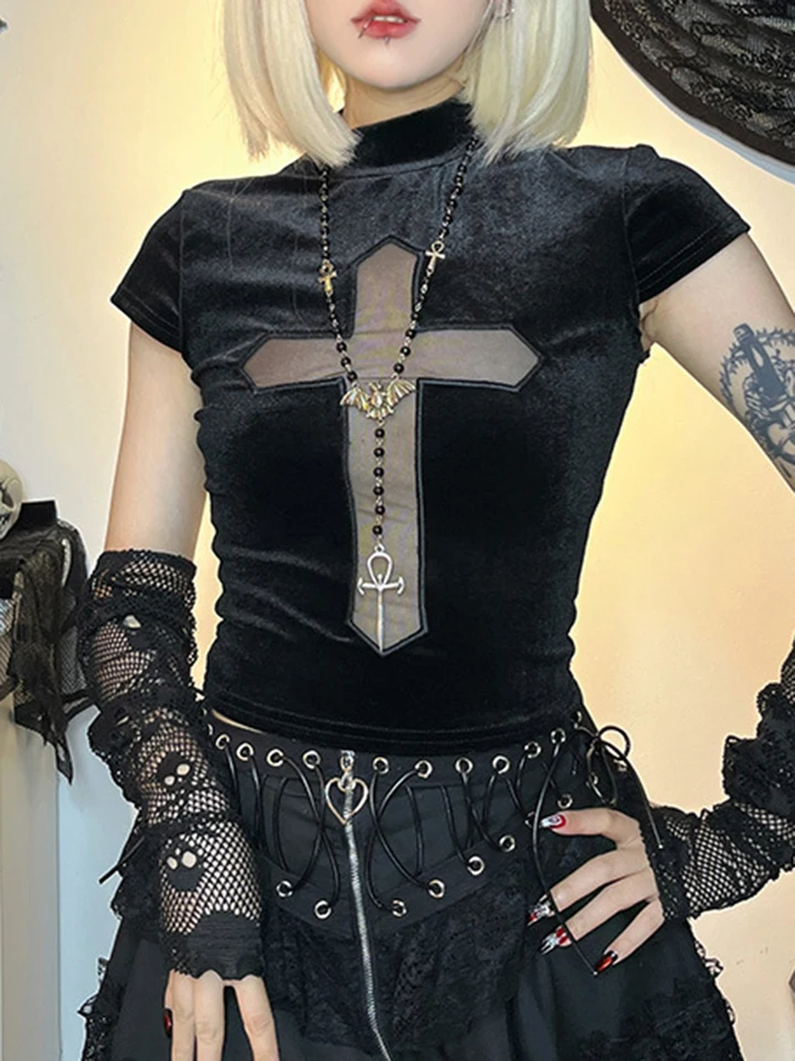 Ženy gotické čierne topy krížik číry plodina leto y2k krátke rukávy grunge tričká pre večierok estetické oblečenie