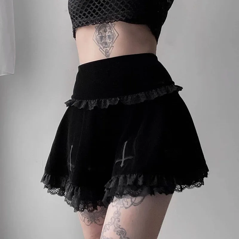 Ženy gotické čipky Trip Suede Sukne sukne dospievajúce dievčatá štýlové krížové výšivky A-line krátka sukňa pre party club grunge streetwear