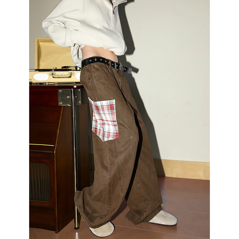 Ženy Grunge High Street Plaid Patchwork Denim Trouser Wreed Vintage Casual Japanese Emo Pants Retro High Was Y2K Baggy Jeans