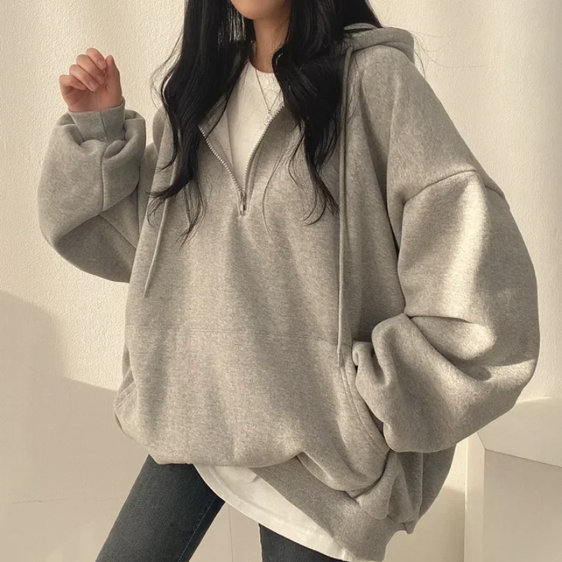 Ženy Hoodie Harajuku Kórejská verzia Nadmerná plná farba polovica zipsovej mikiny ženské zimné zahusťujúce vreckové vrstvy