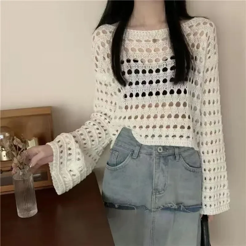 Ženy háčkované pletené dutiny z plodín Top s dlhým rukávom pokrčené ramenné plecové okrúhle kryt UPS Cardigan Streetwear Pullover Dámske oblečenie y2k