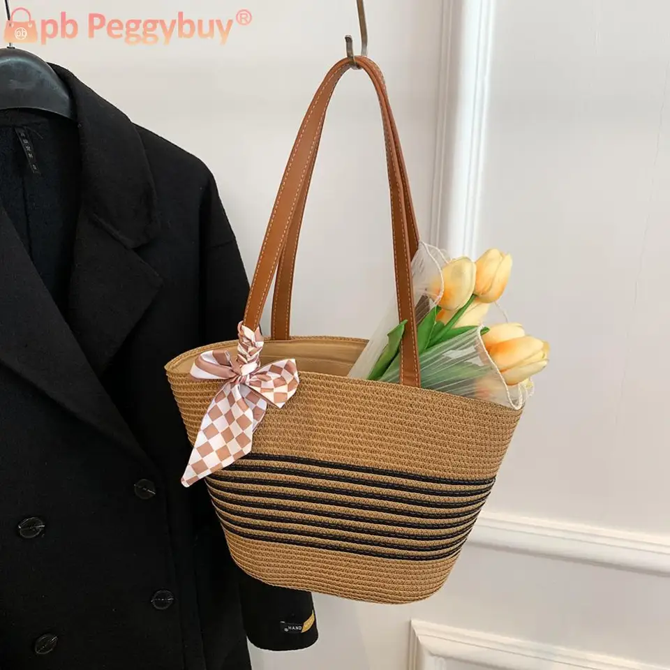 Ženy háčkované plážové kabelka Veľká kapacita tkanina pruhovaná kabelka Zipper Uzavretie retro slama kabelka Lady letná denná taška