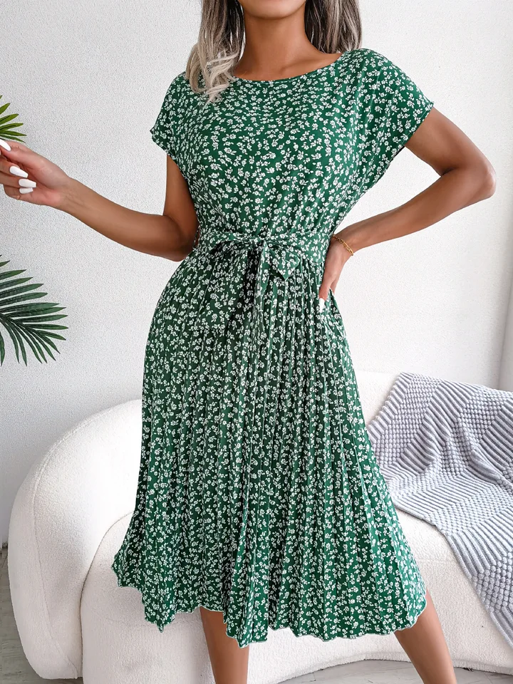 Ženy jarné leto s krátkym rukávom s vysokým pásom elegantné šaty módne kvetinové pokryli linku dlhé šaty