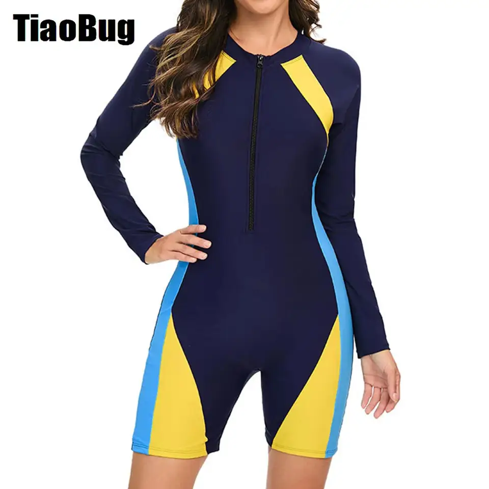 Ženy jednodielne Boyleg Atletické plavky s dlhým rukávom Čalúnený farebný blok Plačko plavky predné zips Rashguard Surfing