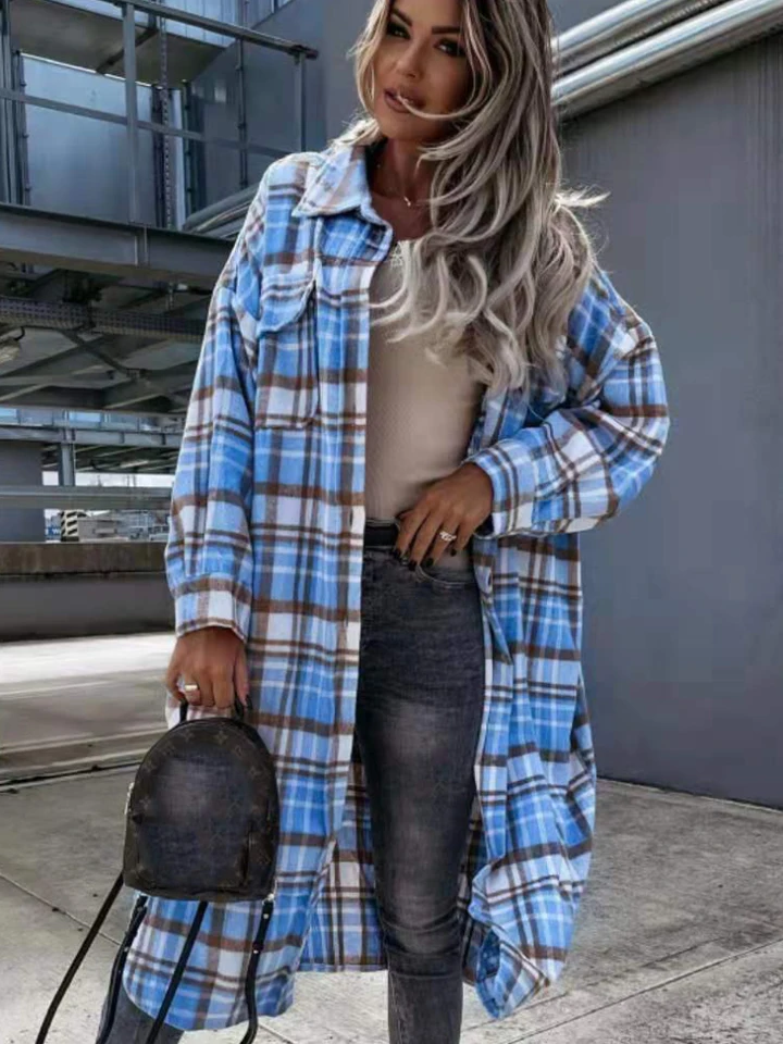 Ženy jesenná bunda móda dlhá kockovaná košeľa Coats Winter Marnel Flanel Shirt Bunda Loosed Nadmernised Cornery Chaqueta