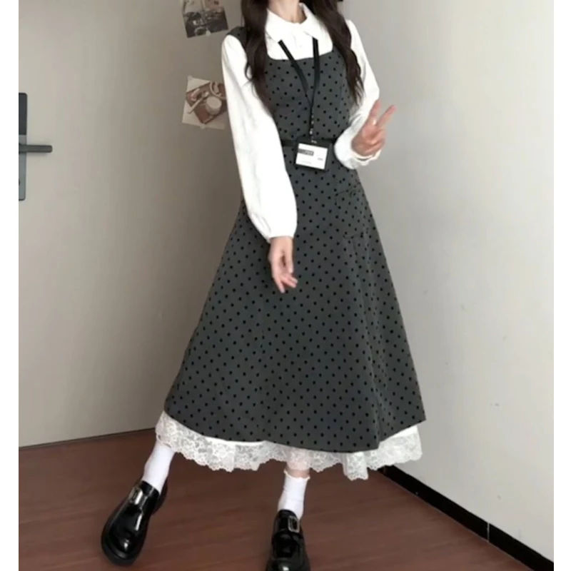 Ženy Jeseň Vintage Polka Dot Tlač čipky Lace Patchwork Elegantné šaty Kórejské módne štvorcové rukávy Slim Sweet Midi Šaty