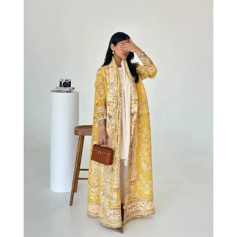 Ženy kaf luxusné dlhé abaya 2025 jar jeseň Nový vintage tlačený pôvodný dizajn voľný veľkok veľkok