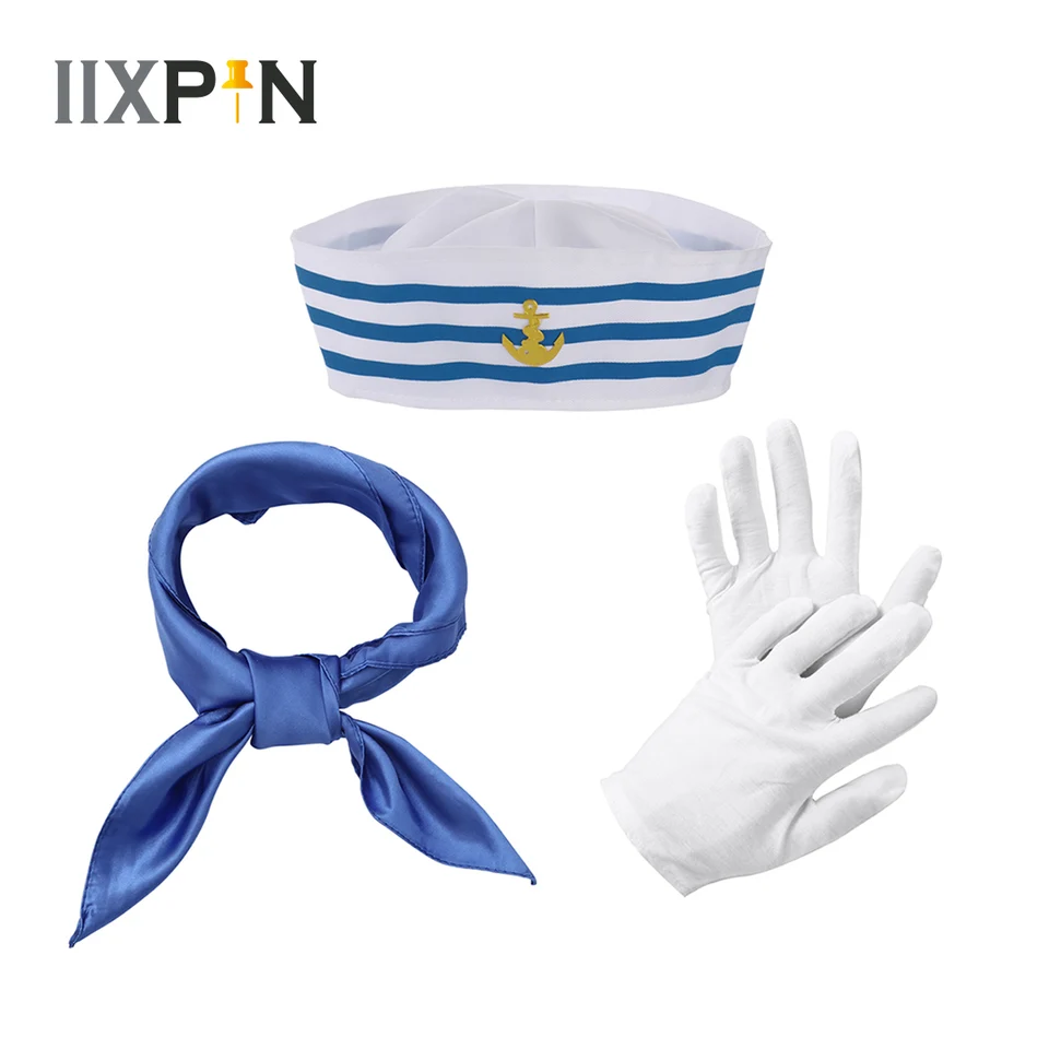 Ženy kapitána Sailors Cosplay kostýmové rekvizity Silk Fashion Square Profesionálne kravaty čelenka s vojenskou čiapkou a rukavicami