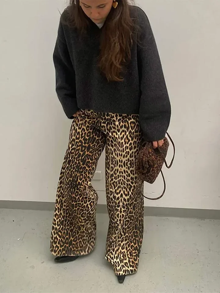 Ženy kauzálne leopardové tlač Y2K High Pants Pants Baggy Wide Leg Pants 2024 Autumn Winter Fashion Vintage Straight Streetwear