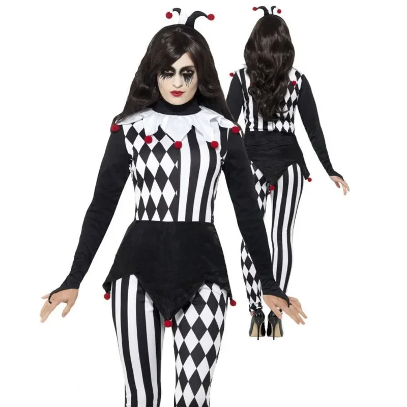 Ženy Killer kostým dospelých cosplay teroristické kombinézy Halloween vtipné strašidelné oblečenie biely čierny pruh klaun outt mn3