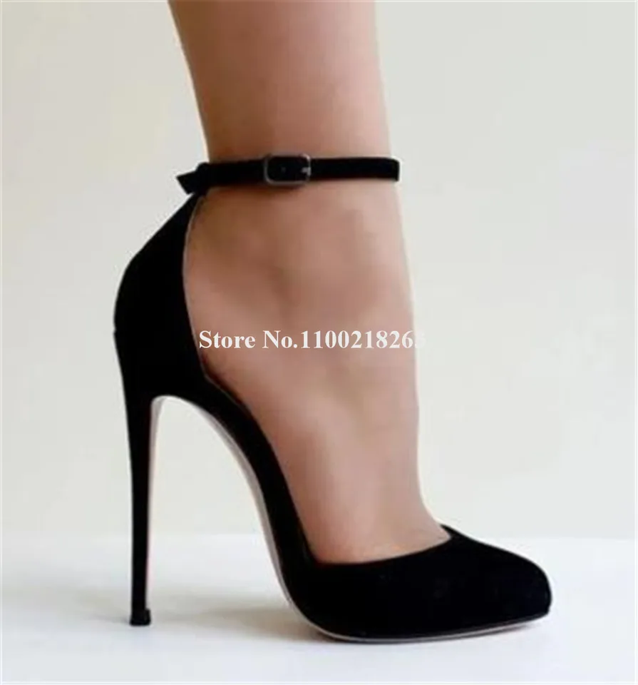Ženy klasický štýl päty päty päty elegantné okrúhle prsty čierny semišový semišový členkový popruh tenké päty topánky veľkú veľkosť