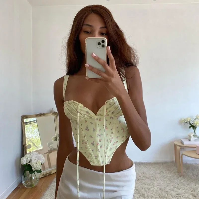 Ženy Korzet horná čipka kvetinová tlač Ruched kravata camis plodina Top tenký fit s nízkymi rezmi Vesty Tops Tops Trend Y2K Backless Bones Bustier