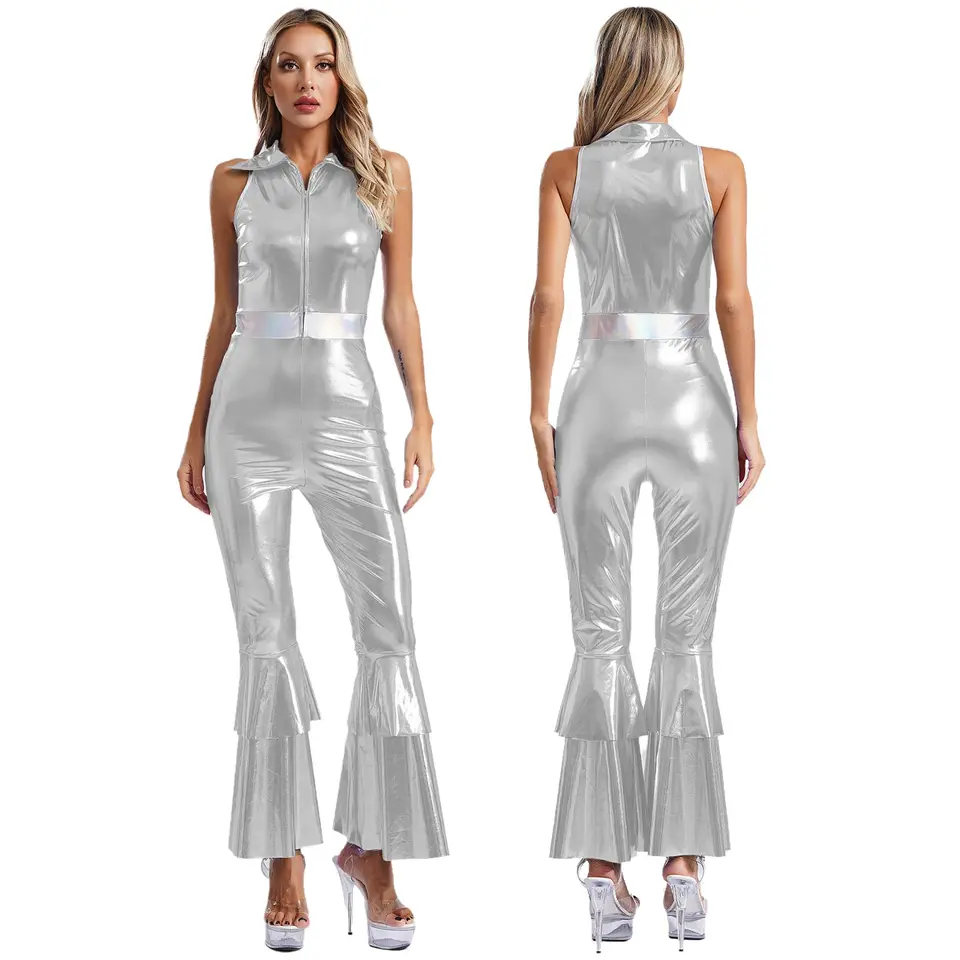 Ženy kovové lesklé retro retro 70. roky Disco rozšírená kombinéza Halloween Hippie Cosplay kostým nočné kluby Dance Performance Bodysuit
