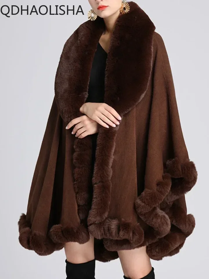 Ženy kožušina Ponchos Coat Mardigan Elegantné príležitostné kožušinové goliere šál Cloak vlnený kabát nadmerne nadmerne