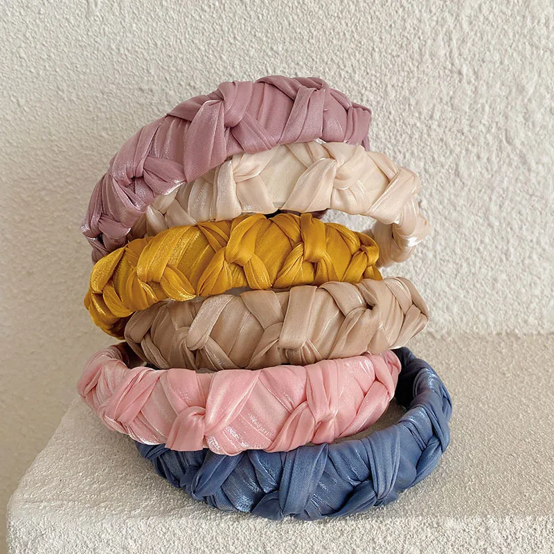 Ženy Kvalita široký spletený vlasový pás lesklý organza uzol Twisting Headband Elegantná pevná farba hlavy módny vlasový obruč rám