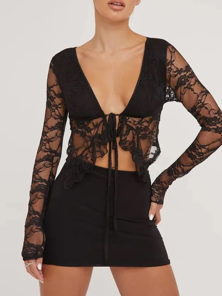 Ženy kvetinové čipky Cardigan Casy Sheer Karty predné predné plodiny s dlhým rukávom Tops Tops pre klubové streetwear čierne estetické oblečenie