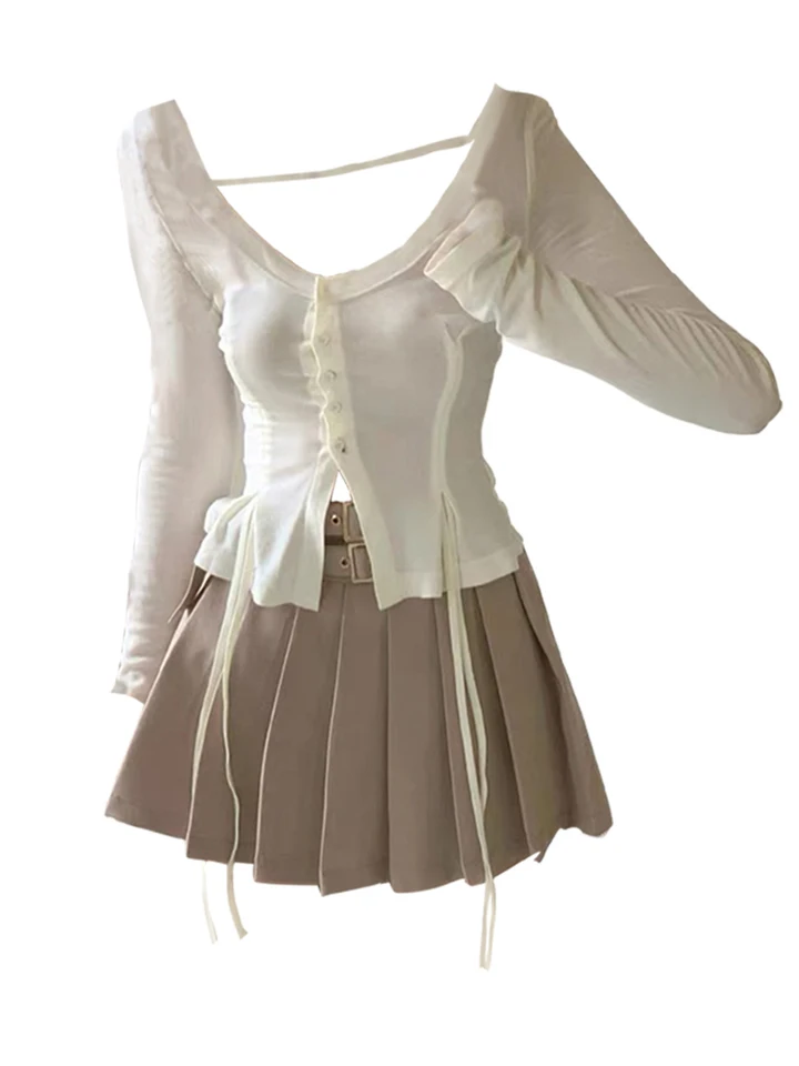 Ženy Kórejské móda Mori dievča Solid Color Lace Up Top Gyaru Coquette Tričko s dlhým rukávom 2000 rokov estetické horúce sexy baletné jadro jadro