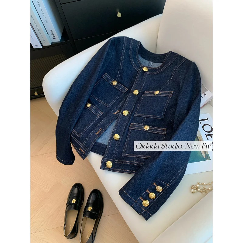 Ženy Kórejské módne vintage klasické modré elegantné gombíky denim bunda y2k jar jesenná o krk dlhé rukávy voľné vrecká Vonkajšie odevy