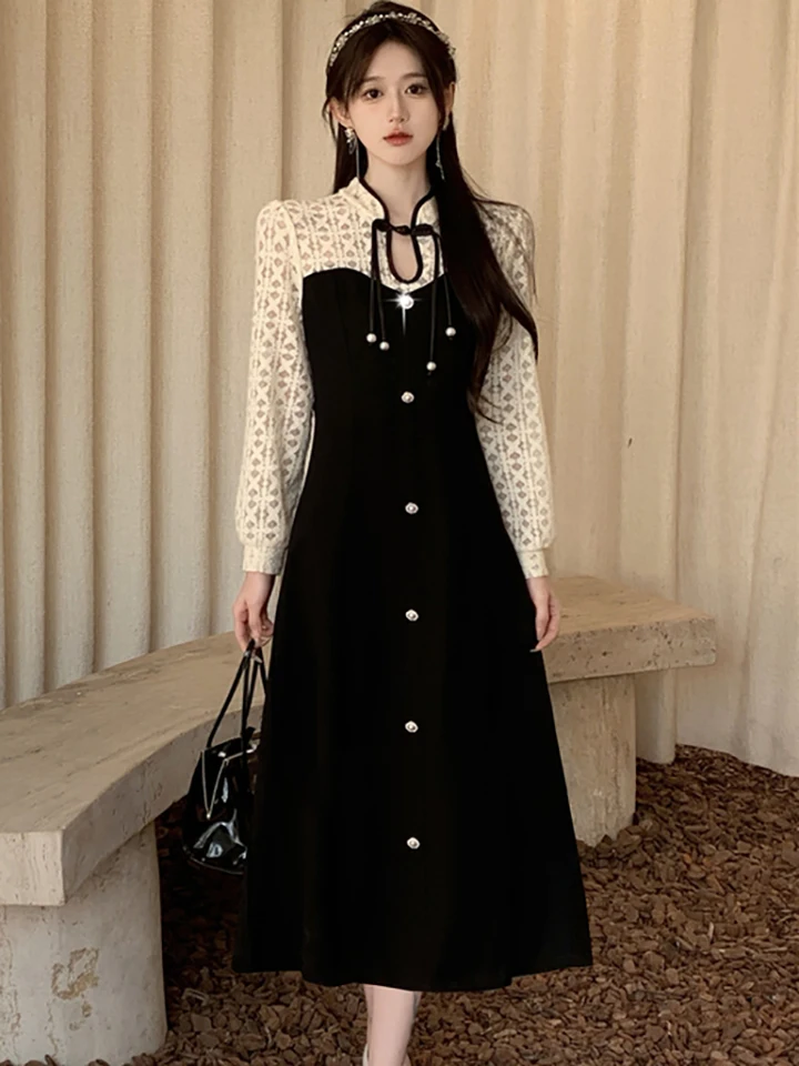 Ženy Kórejské vinobranie luxusné večierky Večerné šaty jesenná zima zima čierna patchwork biele dlhé šaty 2024 Elegantné plesové šaty Bodycon