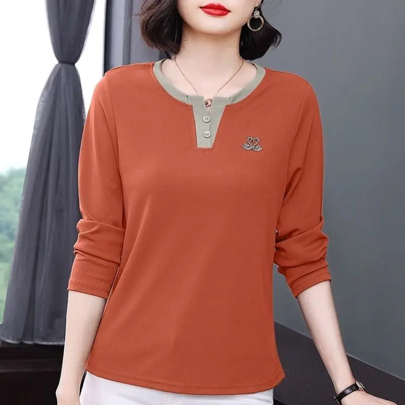 Ženy Kórejský módny kontrast farebný kamienok Elegantné tričko Elegantné okrúhly krk dlhý rukáv Loose All Match Tops Ropa para mjer