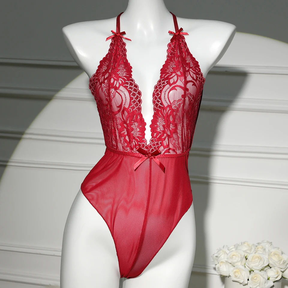 Ženy Lace Hollow Bodysuit Erotic pyžama set Sexy rozkrok bez spodného prádla Teddy Babydoll Dress Deep V Open Porno Underwear kostým