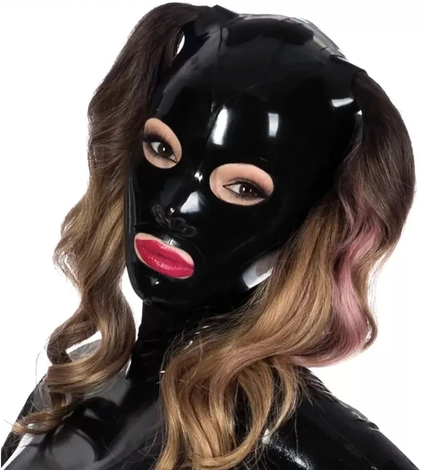 Ženy latexová kapucňa s dvoma vlasovými otvormi zadný zips gumová maska ​​cosplay fetish 0,4 mm