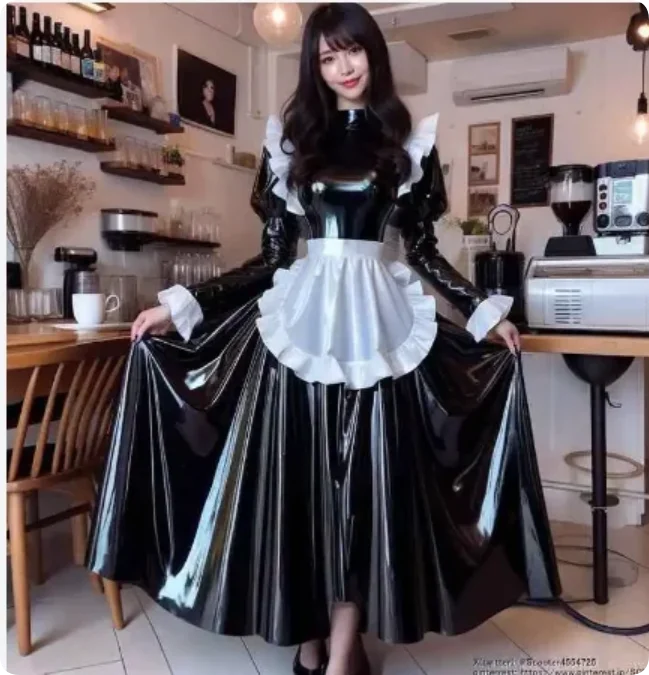 Ženy latexové šaty slúžka obleky cosplay kostýmy späť zips