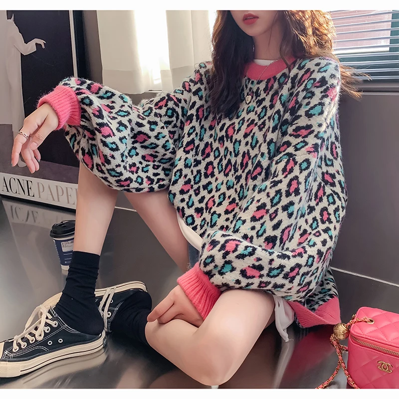 Ženy Leopard Pullover pletený sveter harajuku estetika y2k veľkej veľkosti dlhé rukávy svetre módne vintage odev 2000.s
