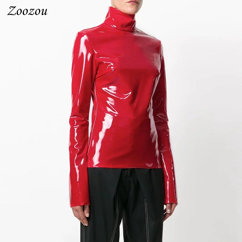 Ženy lesklé faxu koža plus veľkosť korytnačky Turtleneck topy Ladies lesklý zips PVC pullover čierna červená PU koža 4xl 5xl 6xl oblečenie