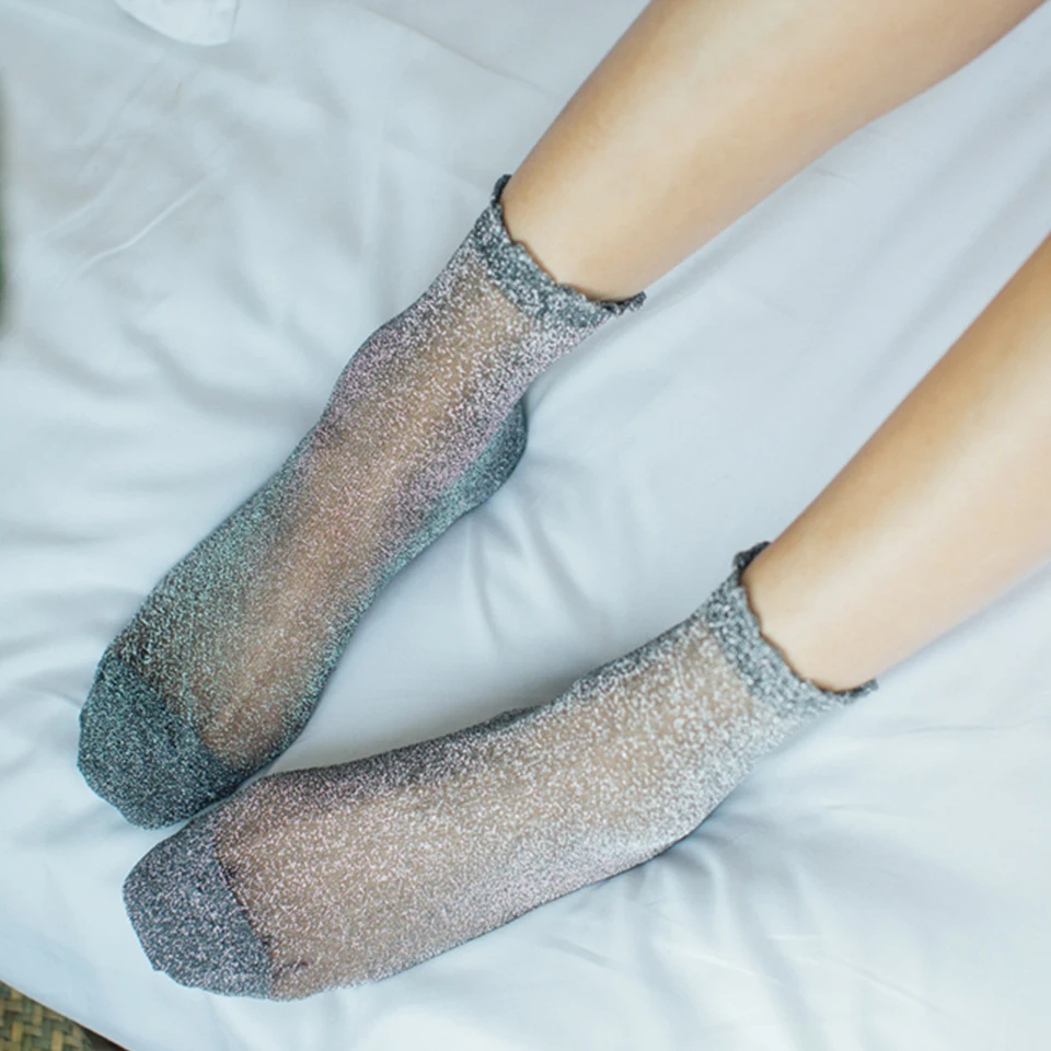 Ženy lesklé ponožky trendy módne dievčatá trblietky krátke ponožky jarné leto tenká gáza priehľadná dáma Sox Soft Comfort Comfort