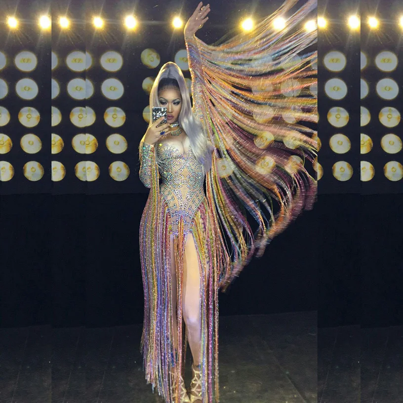 Ženy lesknú kryštály kombinézy Sexy dlhé dlhé viacfarebné drievky kamienky BodySuit Nightclub Outfit Singer Singer Dance kostým tanečný kostým