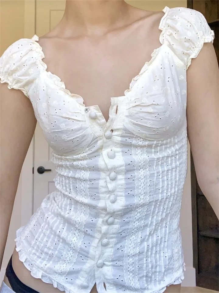 Ženy letná blúzka s krátkym rukávom s krátkym rukávom Button Button Down Tops retro kawaii Fairycore y2k košele ženské 2024