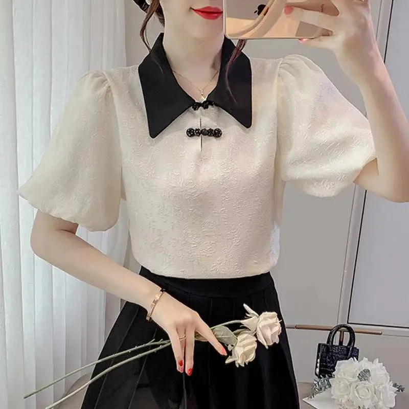 Ženy letný čínsky štýl štíhle vyšívané svetlice šifón Peter Pan Collar s krátkym rukávom Dámy
