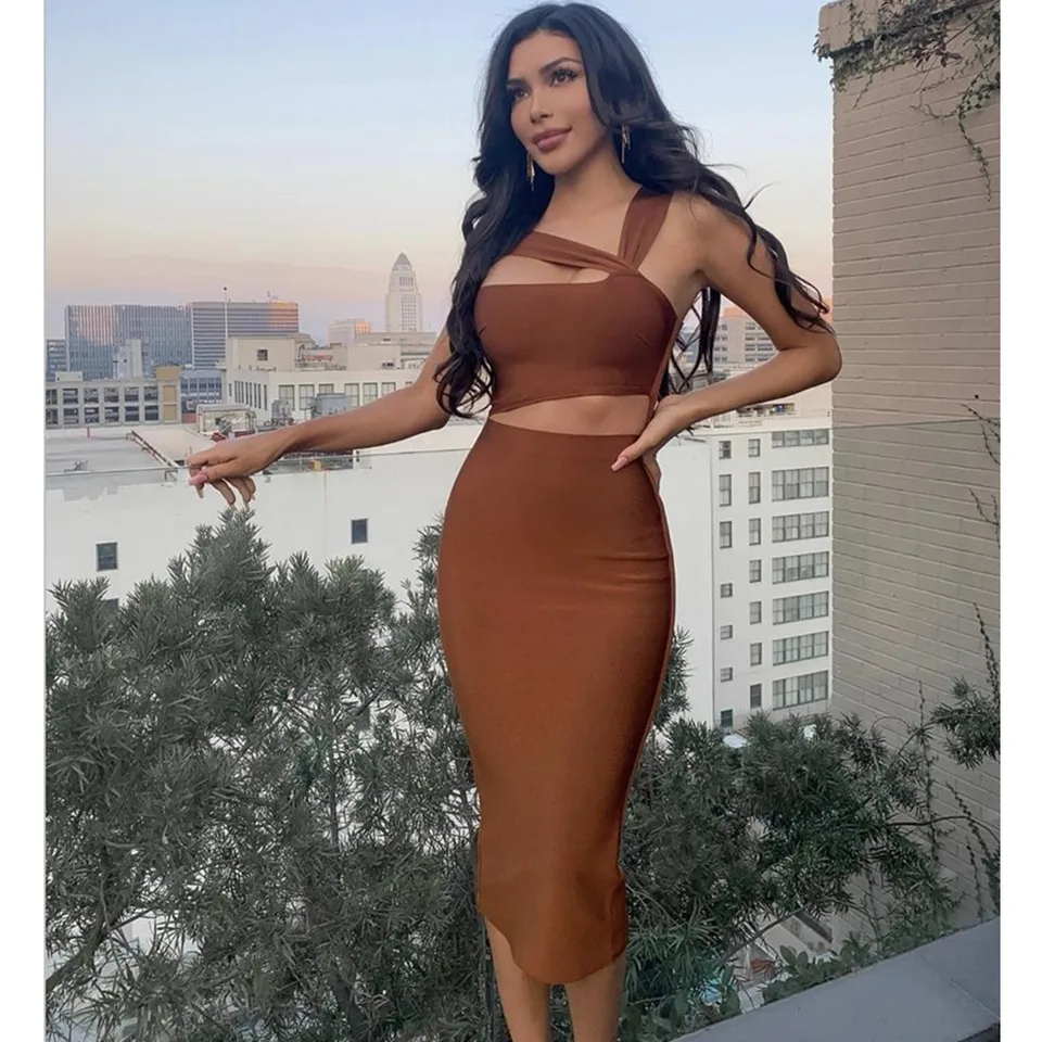 Ženy leto sexy dutina out hnedej midi koleno dĺžky Bodycon Bandage šaty 2023 dizajnér elegantné večerné večierky Vestido
