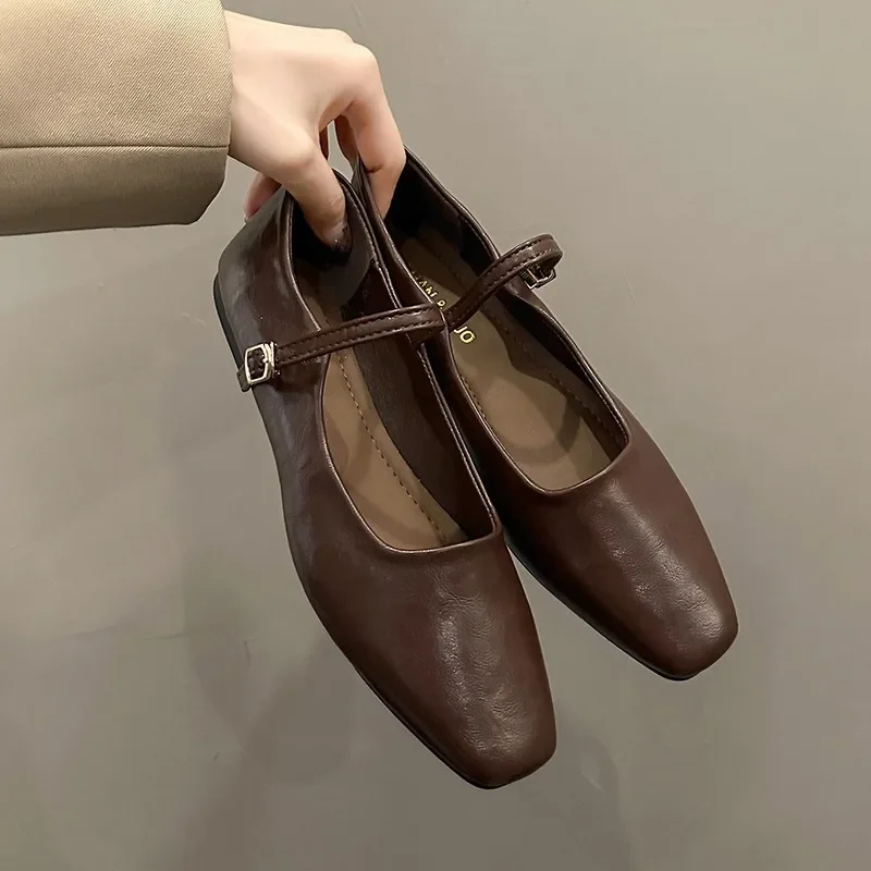 Ženy Mary Jane topánky francúzske štvorcové špičky na špičke Čerpadlá na remienok Brown Black Microfiber Kožené topánky mäkké podrážky Flats Lady Work topánky