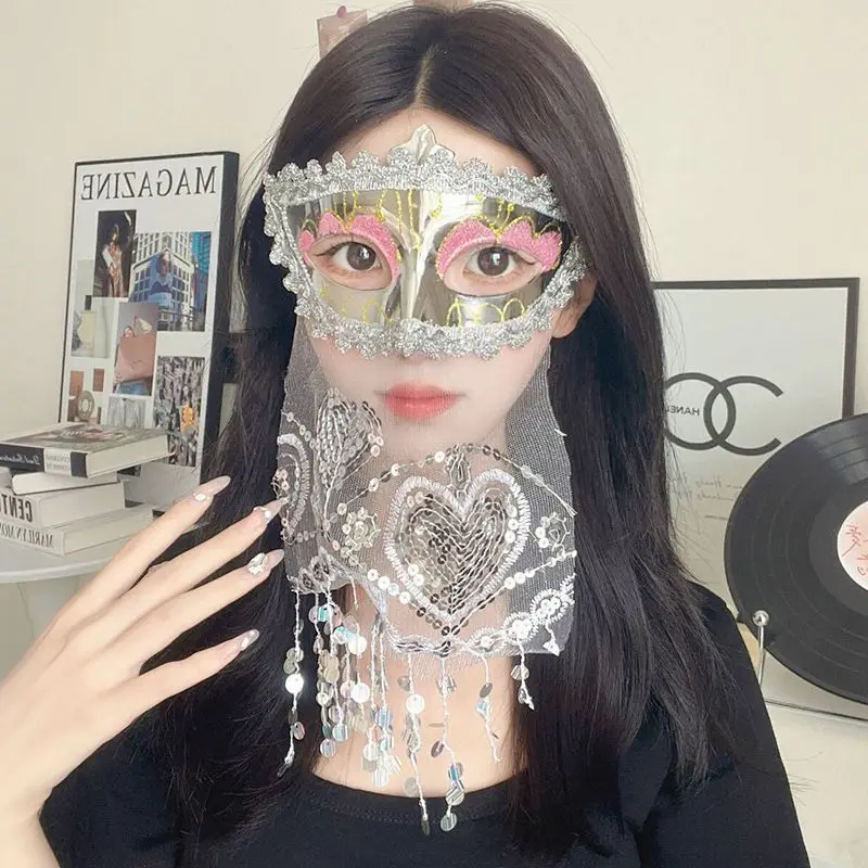 Ženy maskované masky s závojovými čipkovanými flitrami Tassel Headwear Halloween Birthday Party Bar Cosplay Zoznam