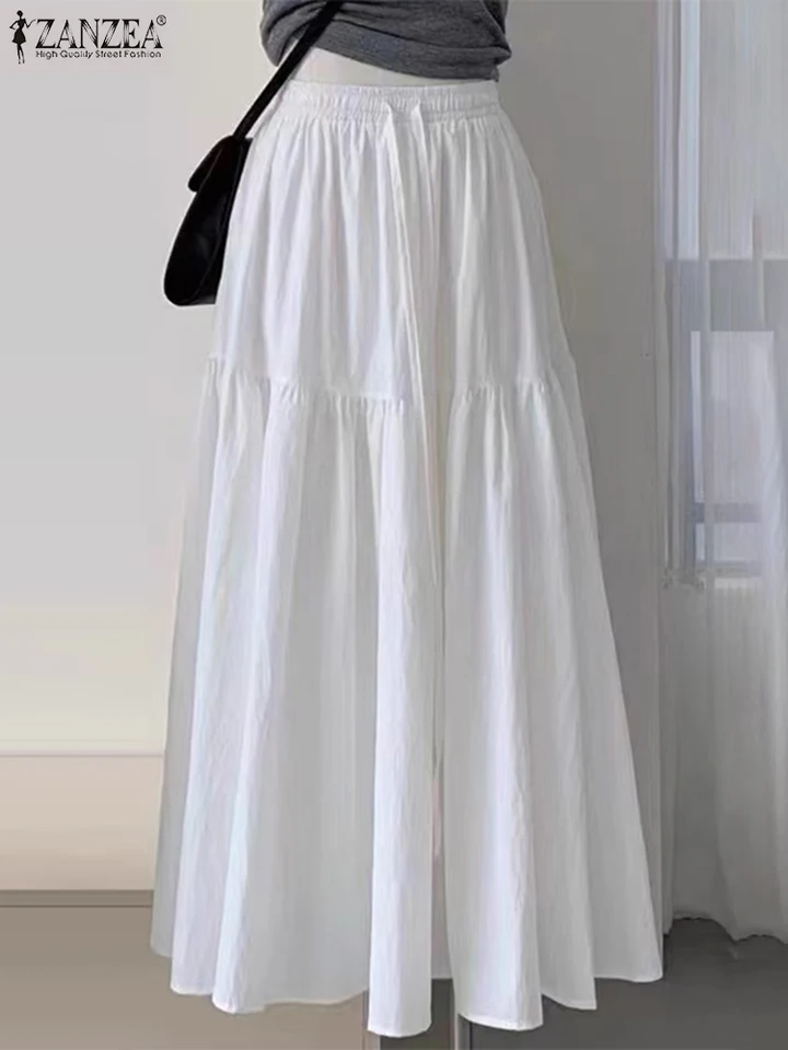 Ženy maxi sukne zanzea letný elastický pás Solidy solídne dlhé slnečné žiarenie elegantné príležitostné bielky