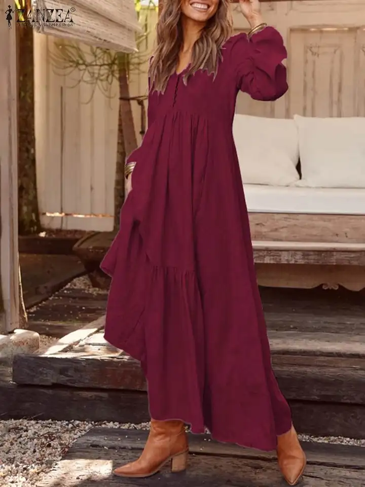Ženy Maxi Vestidos Zanzea 2023 Spring Sundress České elegantné košele šaty Príležitostné v krku ruflle s dlhým rukávom Rues 1 nadrozmerné 1