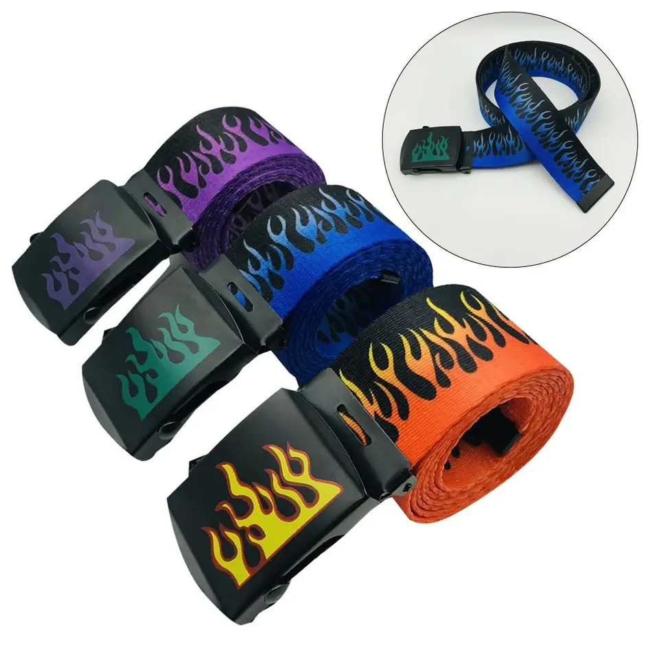 Ženy Men unisex Flame Print Canvas Belt módna hip hop automatická spona jednoduché všestranné džínsy študentský trendový pás pásový pás